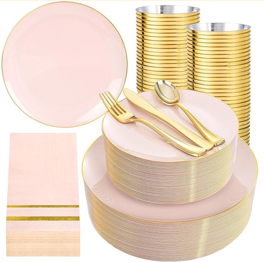 NOCCUR 350PCS Pink and Gold Plastic Plates - Pink Disposable Plastic Dinnerware Set for 50 Guests Include 50 Dinner Plates,50 Dessert Plates,150 Gold Cutlery,50 Cups&50 Napkins for Party&Wedding