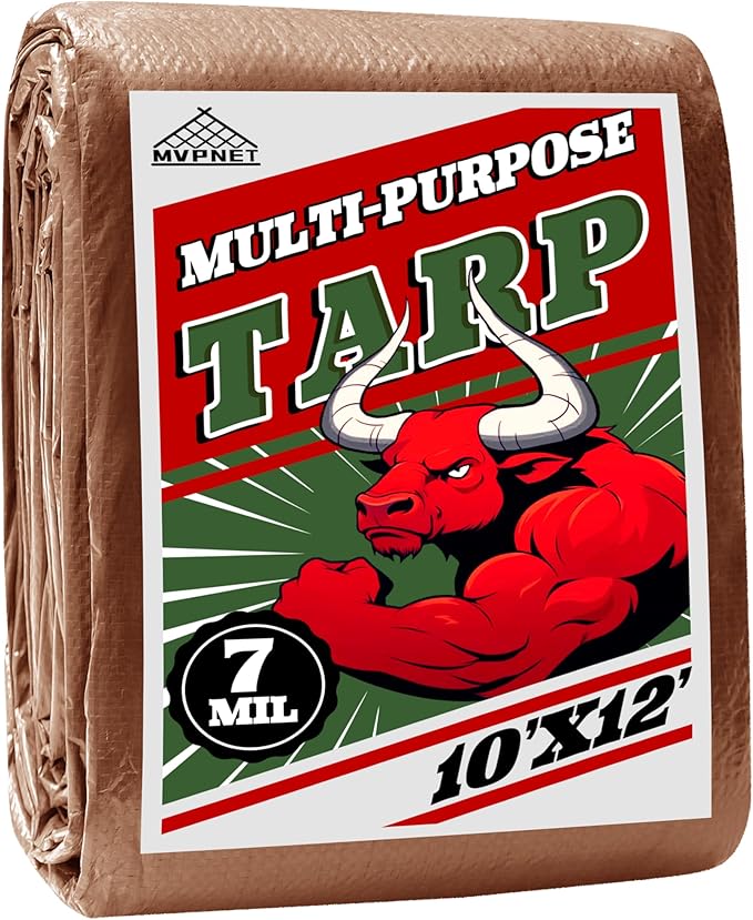 Tarp 10x12 ft 100% Waterproof 7mil Durable Grommets and Reinforced Edges,Uv Resistant,Green/Brown Tarp,Emergency Rain Shelter,Outdoor Cover and Camping Use -by MVPNET