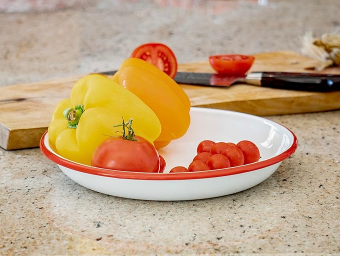 Red Co. Set of 4 Enamelware Metal 10” Round Camping Plates, Solid White/Red Rim