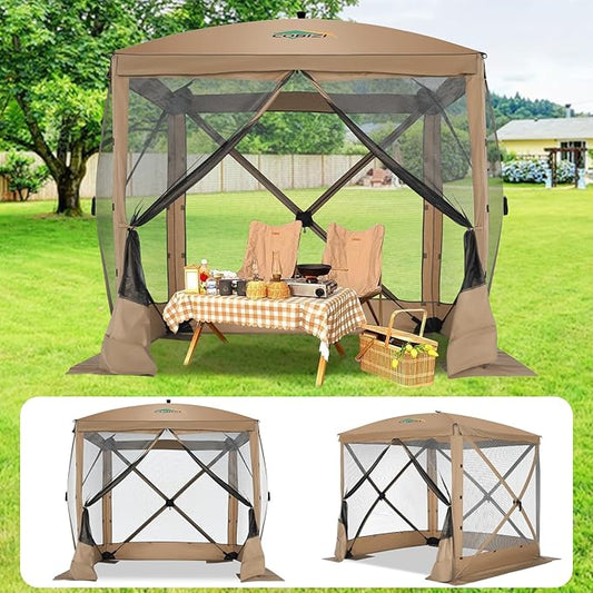 COBIZI 6x6 Pop up Gazebo Tent, Ez up Waterproof Screen Tent Screen House, Portable Outdoor Canopy Sun Shelter with Carry Bag & Ground Stakes for Camping, Garden and Picnics, Khaki(Upgraded 2.0)