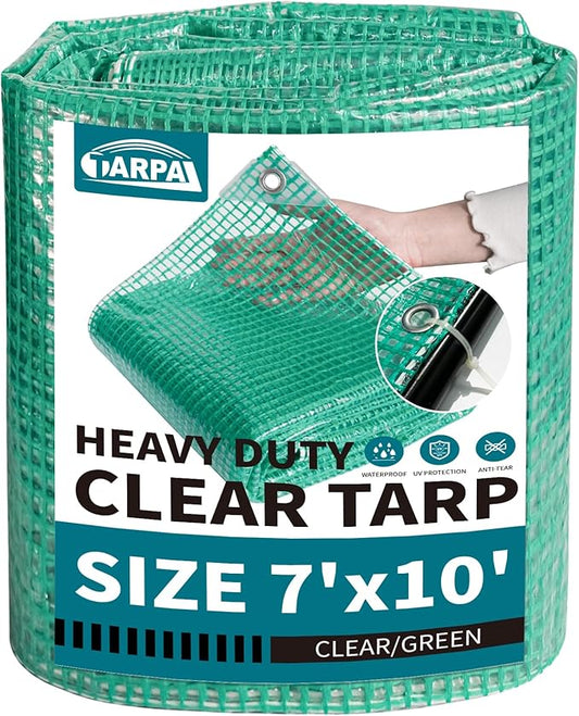 TARPAL 7'x10' Clear Green Tarp Heavy Duty Waterproof 12mil with Grommets or Zip Ties for Small Greenhouse for Outdoors Garden,Farm,Chicken Coops