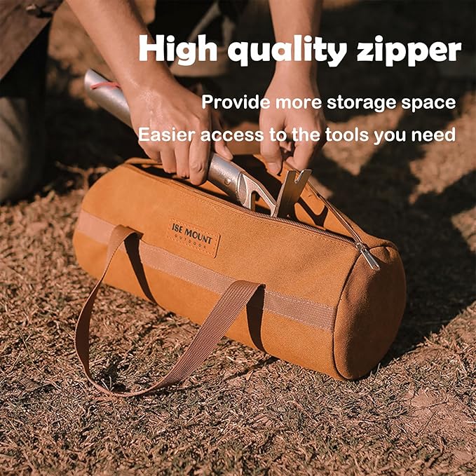 Tent Stakes Bag, Double Layer Tent Pole Pegs Storage Bag, Camping Accessories Large-Capacity Canvas Tool Bag with Zipper for Man Camping, Hiking (40cm Khaki)