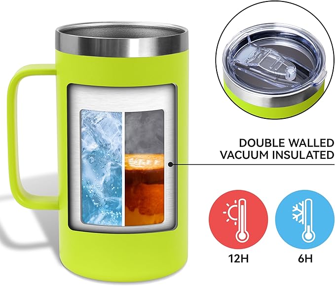 DOMICARE 24oz Mug with Handle and Lid, Stainless Steel Coffee Mug, Reusable Insulated Cup, Travel Mug with Handle, Double Wall Vacuum Coffee Tumbler for Men and Women, Light Green, Pack 1