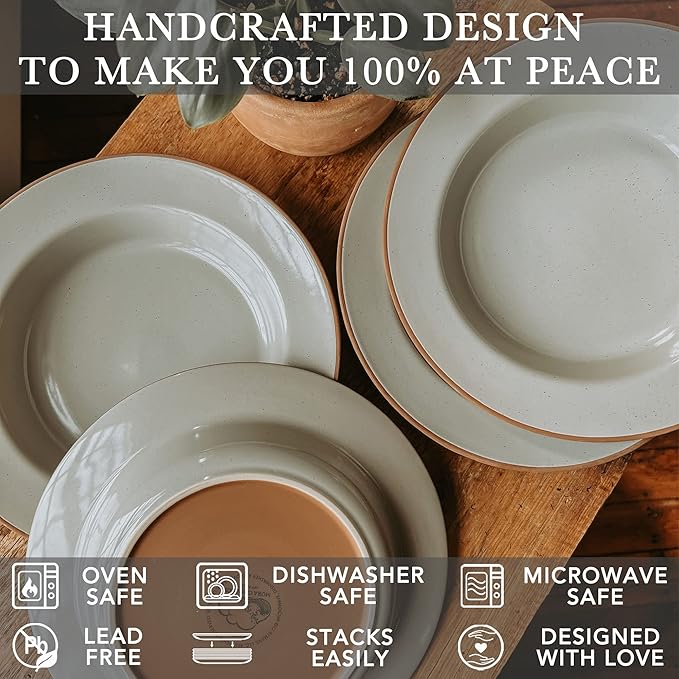 MORA Ceramic Wide Rimmed Soup Bowl 25oz, Set of 4 - For Pasta, Italian, Spaghetti, Dipping Bread, Fancy Dinner etc. Large Plate/Bowls Hybrid For Everyday & Restaurant Use, Large Flat Rim - Earl Grey