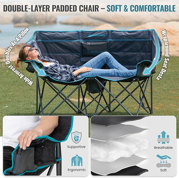 FUNDANGO Double Camping Chair with Cooler, 2 Person Folding Oversized Loveseat Camp Chairs for Adults Fully Padded Couch with Cup Holder for Outdoor Lawn Beach Patio Support 660 LBS Black/Blue