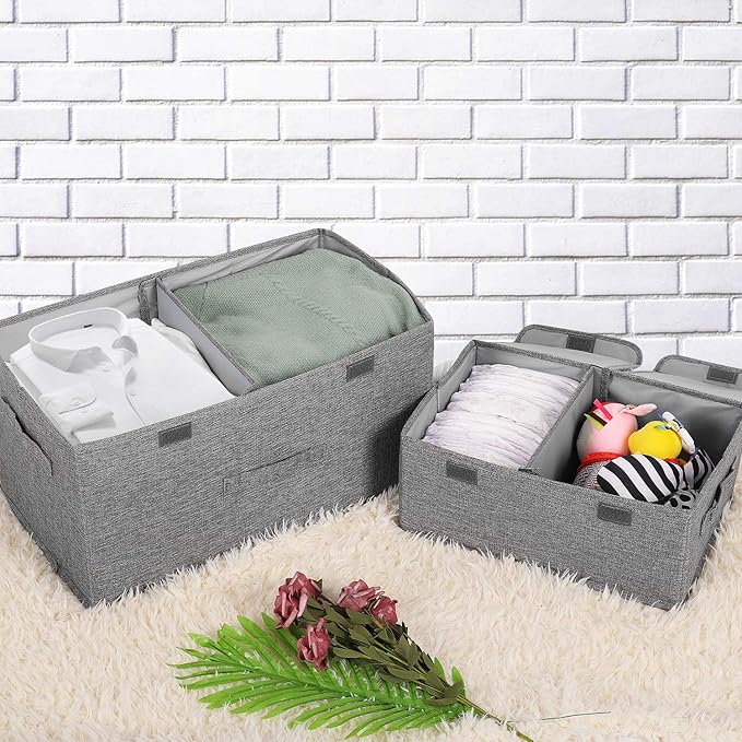 2 Pack Storage Boxes with Lids and Handles, Collapsible Linen Storage Bins Organizer Containers Baskets Cube with Removable Divider for Home Bedroom Closet Office (Coffee, Small)