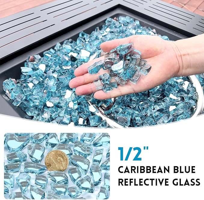 20 Pounds Fire Glass 1/2 Inch High Reflective Tempered Firepit Glass Rocks for Fireplace, Fire Pit Table, Fire Bowl and Landscaping (Aqua Blue)