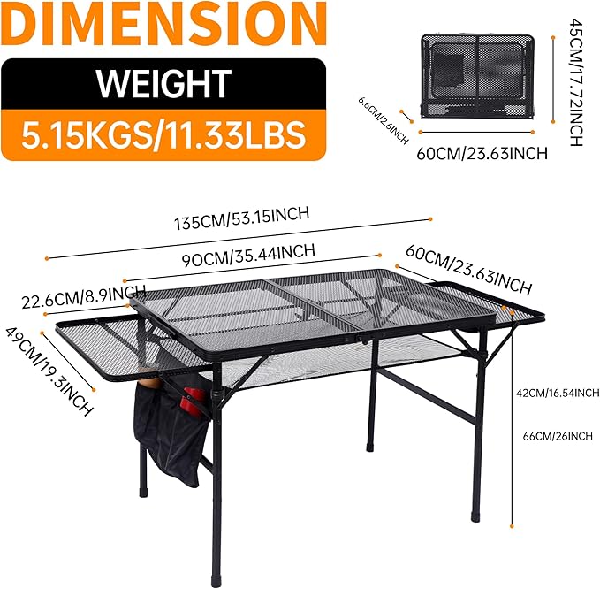 CDEN Camping Grill Table, Camping Table, Portable Table, with Side Table, Mesh Bag, for Camping, Outdoor, Picnic, Indoor