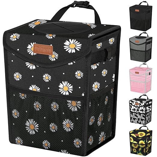 Car Trash Can with Lid, Cute Leakproof Car Trash Garbage Bag Hanging Vehicle Trash Bin Small Portable Automotive Garbage Cans Organizer for Back/Front Seat/Console(Trapezoid,Black Flower)