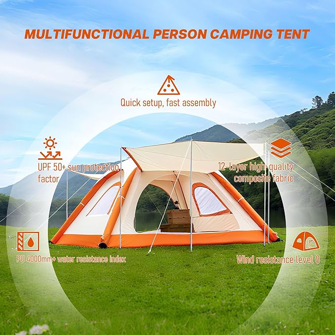 Automatic Large Tent for Camping 4 Person, Waterproof Tents for Camping, Windproof Inflatable Tents with Mosquito Screen Window, Camping Tent for Traveling, Beach