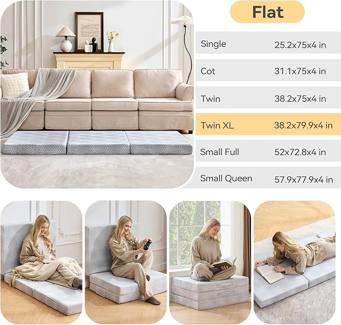 BDEUS Memory Foam Folding Mattress 4 Inch Twin XL Size with Protable Storage Bag, Trifold Mattress Topper Soft Guest Bed Floor Mat for Kids Camping Road Trip, Gray, 38 x 80 Inch