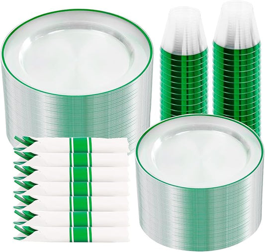 SUT 350 Pcs Green and Clear Plastic Dinnerware Set for 50 Guests, Include: 50 Dinner Plates, 50 Dessert Plates, 50 Pre Rolled Napkins With Silverware, 50 Cups, Disposable Plates for Party, Christmas