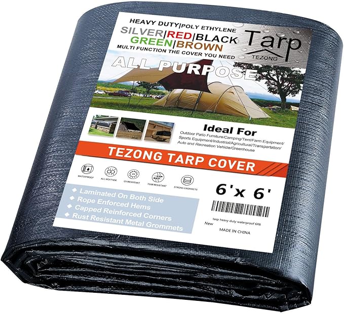 Tarps Heavy Duty Waterproof 6x6ft,TEZONG Black Poly Tarp 16MIL Multipurpose Tarpaulin Outdoor Cover for Emergency Rain,Patio Furniture,Roof,Camping,Car,Pool
