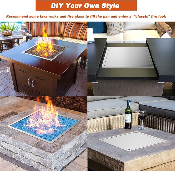 Skyflame 12 inch Square Stainless Steel Drop in Fire Pit Burner Pan with Burner Ring and Protective Cover, Outdoor DIY Firepit Kit for Both Natural Gas and Liquid Propane