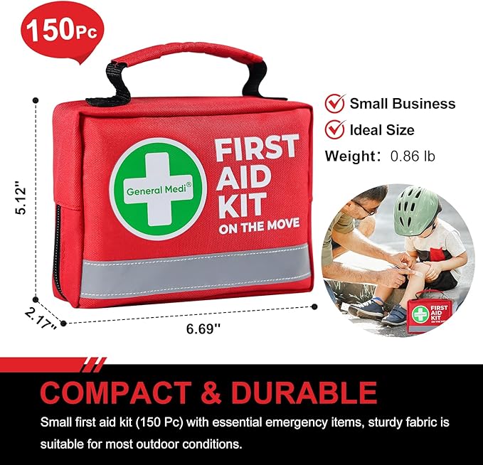 General Medi First Aid Kit - 150 Pieces Small Compact First Aid Kit Bag - Includes Instant Cold Pack, Emergency Blanket for Travel, Home, Office, Vehicle, Camping