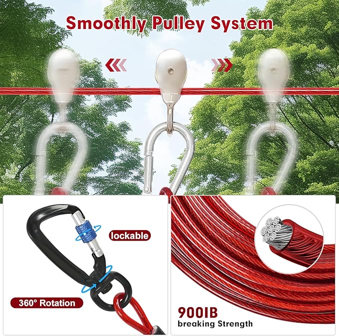 Dog Runner for Yard,Anti-Shock Dog Trolley System 50/75/100/150/200FT,Heavy-Duty Aerial Dog Run Cable with Bungee for Small to Large Dogs up to 300lbs,Outside Dog Zip line for Backyard,Camping, Park