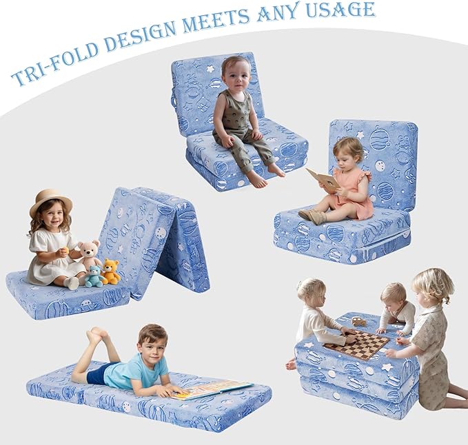 MeMoreCool Glow Space-Themed Foldable Floor Mattress for Kids, Trifold Nap Mat with Planets and Stars, Portable Daycare Sleeping Futon or Floor Bed, 57x22 Inch