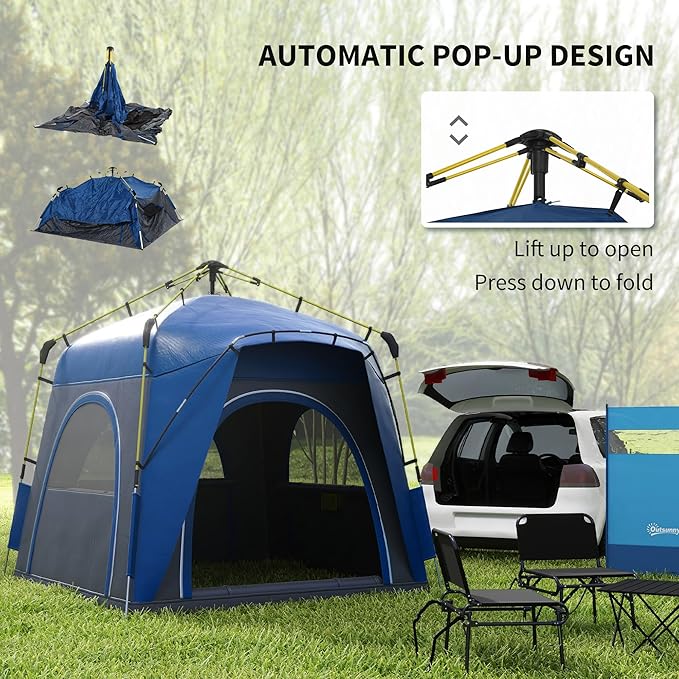 4 Person Pop Up Tent - Instant Setup Automatic Hydraulic Camping Tent for Family, 3-Season Waterproof Shelter with Windows & Carry Bag - Lightweight for Travel, Backpacking (Blue)