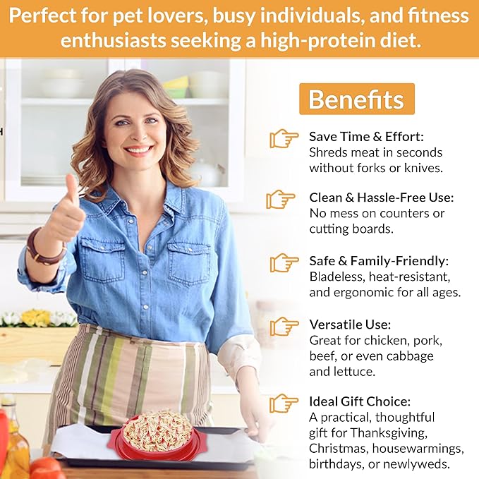 Chicken Shredder Tool Twist with Brush -10" Large Chicken Breast Meat Shredder Machine – BPA-Free Meat Grinder with Removable Tray, Non-Slip Suitable for Pork, Beef, Chicken - Dishwasher Safe (Red)