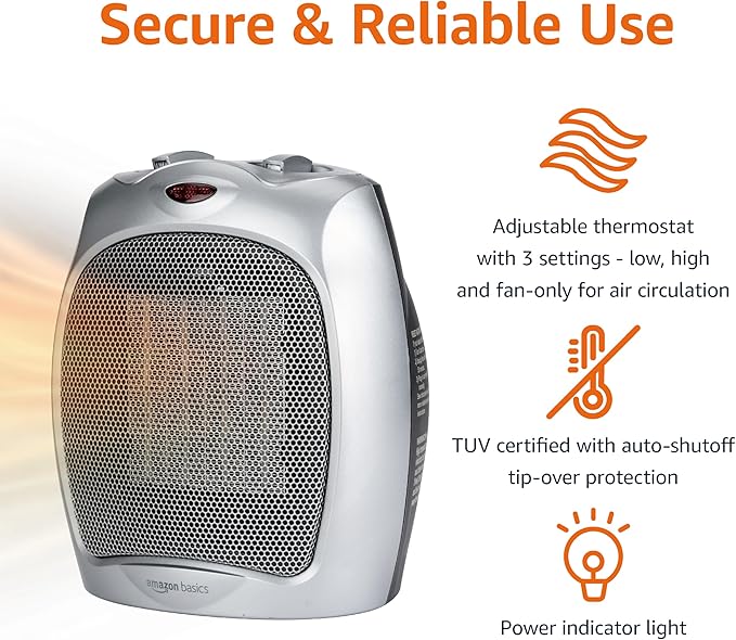 Amazon Basics Ceramic Space Heater, Portable Indoor Heating Solution, With Overheat and Tip-Over Protection, Thermostat, Non-Oscillating, 1500W, 7.52"D x 6.34"W x 9.45"H, Silver