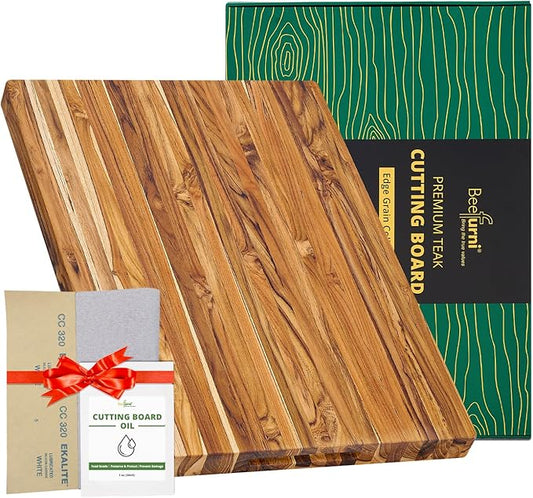 BEEFURNI Teak Wood Cutting Board with Hand Grip (L, 22x16x1.25"), Large Wooden Cutting Boards for Kitchen, Chopping Board Wood, Butcher Block, Charcuterie Board, Christmas Gifts, 1-Year Warranty