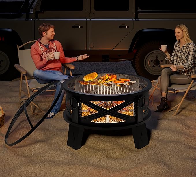Fire Beauty 26"Steel Fire Pit with Grill Grate&Spark Screen,360° Airflow Boost Technology,Less Smoke,Larger Flames,Heavy-Duty Portable Camping Fire Pit for Backyard,Beach,RV (22lbs,4 Handles,Dual-Use)
