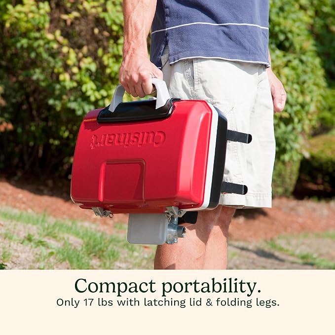 Cuisinart Petite Gourmet Portable Gas Grill, Compact Portable Grill Propane, 150 Sq. In. Cooking Surface, 5,500 BTU Burner Small Gas Grills for Camping, BBQ, Folding Legs and Carry Handles, Red