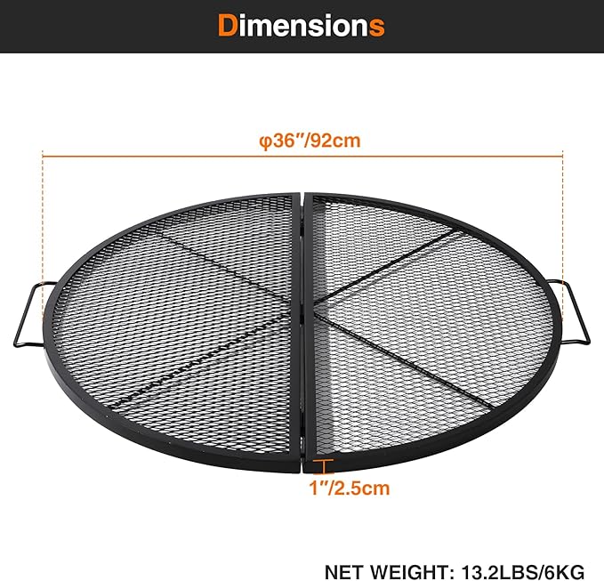 Lineslife X-Marks Fire Pit Cooking Grill Grates Portable, Heavy Duty Foldable Round Campfire Grill Grate, Firepit Grill Grate with Handles, Ideal for Outdoor BBQ Picnics, 36 Inch Black