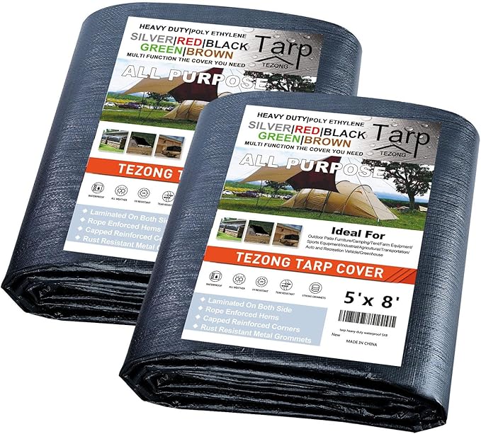 Tarps Heavy Duty Waterproof 5x8ft,TEZONG Black Poly Tarp 12MIL Multipurpose Tarpaulin Outdoor Cover for Emergency Rain,Patio Furniture,Roof,Camping,Car,Pool 2Pack
