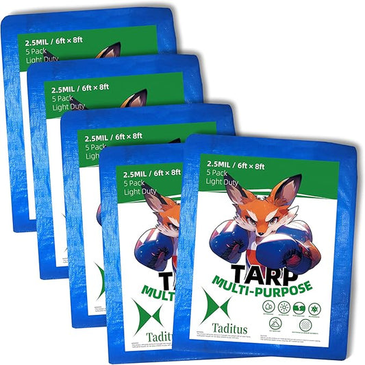 5 in a Pack, Maximize Value, Minimize Cost, Multipack Advantage with Budget-Friendly Poly Tarps, 2.5 Mil Cheap Large Light Tarp, Multipurpose Waterproof Protective Cover, 6x8 Feet, Blue