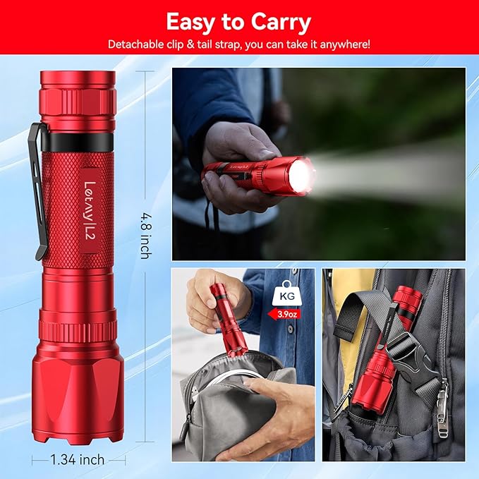 LETMY Rechargeable Flashlights High Lumens, 2 Pack 2000 Lumens Bright LED Tactical Flashlight, 3 Modes Samll Powerful Flash Lights with Clip, Waterproof Flashlights for Home Emergency Camping (Red)