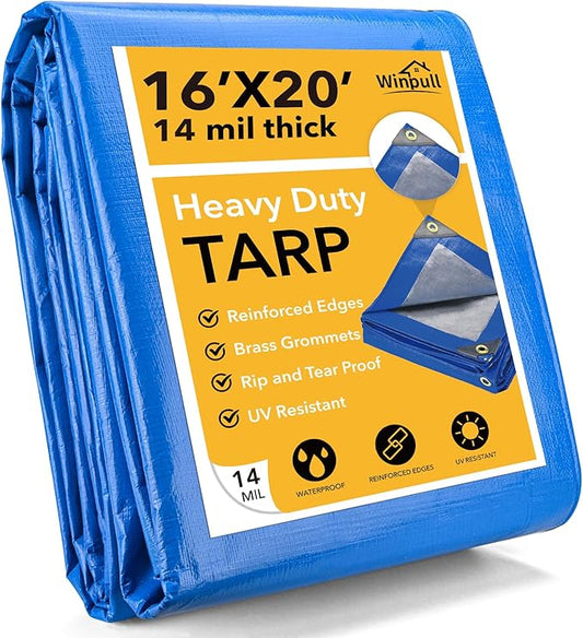 Tarp 16x20 Feet 14 Mil Heavy Duty Waterproof Tarp, Large Multipurpose Cover with Brass Grommets and Reinforced Edges, UV Resistant Thick Poly Tarps for Outdoor Camping Tent Pool Car, Blue