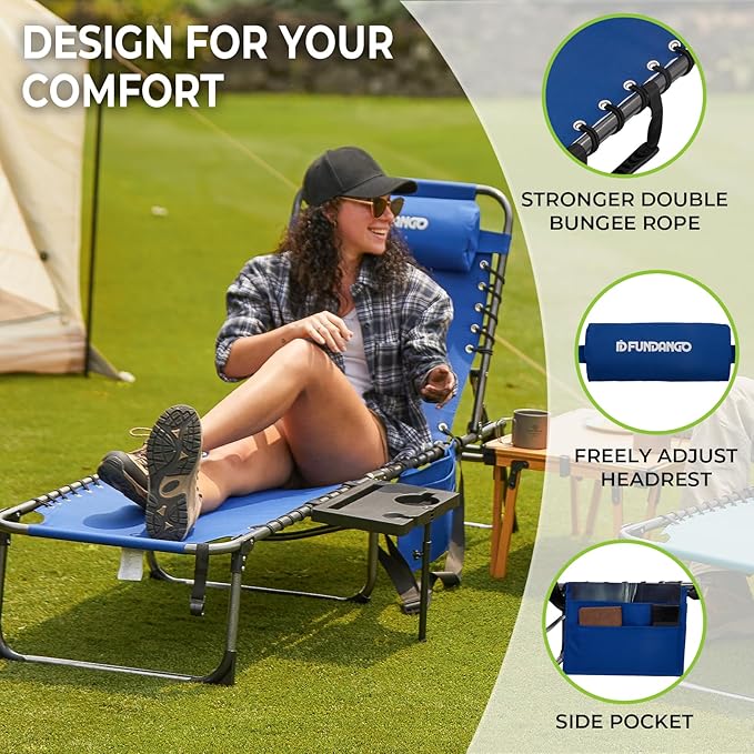FUNDANGO Folding Chaise Lounge Chair Outdoor, 5 Positions Foldable Beach Lounges Chairs for Adults with Side Table & Pillow for Outside Tanning Pool Camping Patio Lawn (Blue)