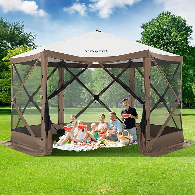 COBIZI 12x12ft Pop up Gazebo Screen Tent Screen House for Camping, Camping Outdoor Screened Gazebo with Mosquito Netting, Portable Hub Tent with Carrying Bag and Ground Stakes, Brown(Upgraded 2.0)