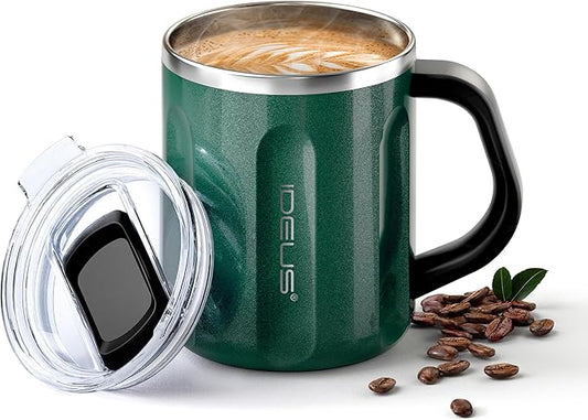 Ideus 16 oz Coffee Cup, Stainless Steel Coffee Travel Mug, Spill Proof Tea Mug with Handle and Lid, Lightweight and Durable, Great for Office Home and Outdoor Use, Deep Green