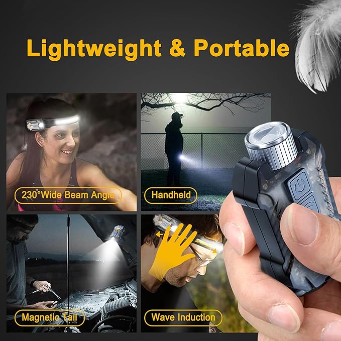 Head Lamp Led Rechargeable, 230° Wide Beam Sensing COB Headlamp Flashlight Detachable, 9 Light Modes, Hard Hat Lamp, IP65 Waterproof 400 Lumens for Camping, Hiking, Fishing, Working, Gift (Black)