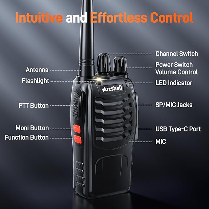 Rechargeable Long Range Two-Way Radios with Earpiece 6 Pack Arcshell AR-5 Walkie Talkies Li-ion Battery and Charger Included