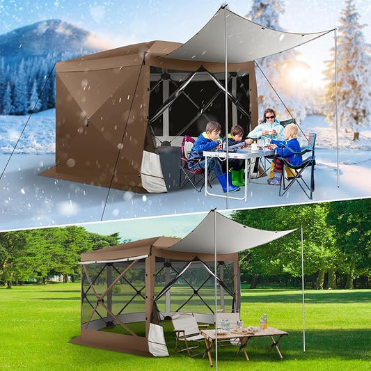 COBIZI 12x12 Pop up Gazebo Screen House Tent for Camping, Outdoor Canopy with Removable Roof&Sidewalls, Portable Hub Tent with Carrying Bag and Ground Stakes, Brown