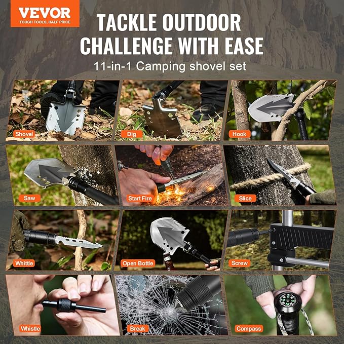 VEVOR Survival Shovel, 11 in 1 Camping Shovel Folding Multitool Kit, Portable and Compact, Stainless Steel, Multifunction for Off-Roading, Camping, Hiking, Outdoor, Survivalist and Emergency