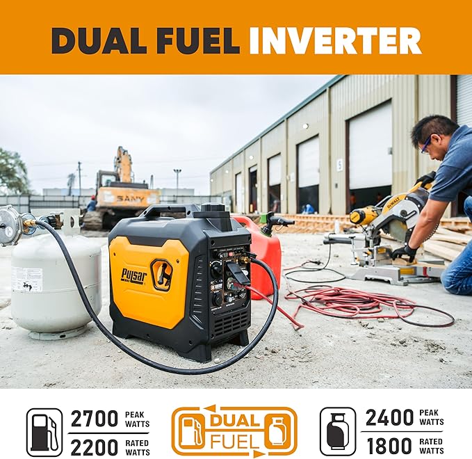 Pulsar 2700 Watt Portable Inverter Generator, Dual Fuel Gasoline & Propane, CO Sensor, Super Quiet, Use for Jobsite, Camping, Outdoor & Home, NE27BISCO