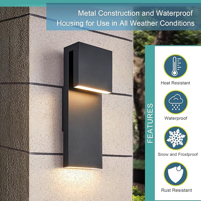 Modern Porch Lights with 2 Pack,Outdoor Indoor Integrated LED Wall Lights,2-Light Total 17W,3000K, Textured Black Finish,Outside Lights Waterproof for House Front Door Patio Garage