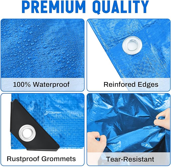2 Pack 10 x 12 ft 5.5 Mil Large Tarps Heavy Duty Waterproof Tarp Multi Purpose Tent Cover for Home Boats Cars Camping Patio Furniture Roof Emergency Rain Protective Cover, Blue