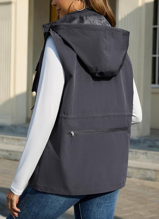 PESION Womens Packable Military Utility Vests Outerwear Waterproof Windbreaker Jacket Cargo Vest with Removable Hood