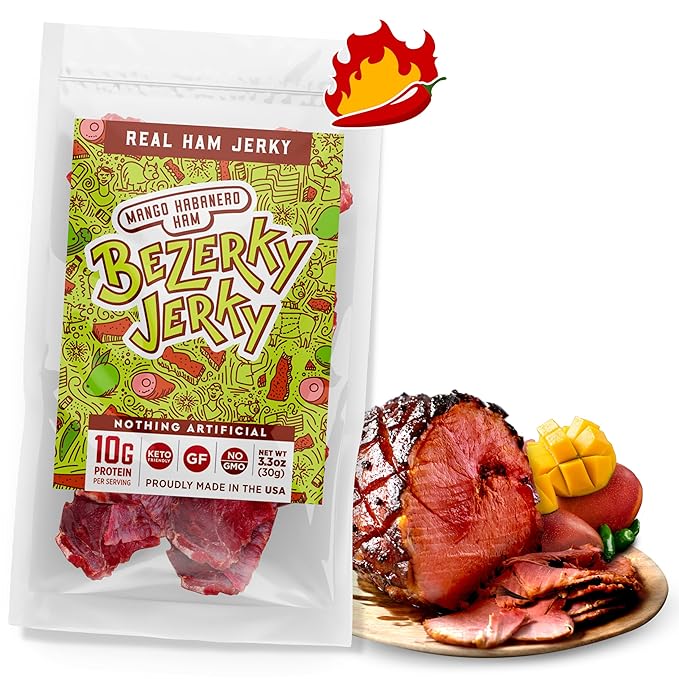 Premium Ham Jerky | Spicy Mango Habanero | Small Batch Handcrafted | All Natural Food | Healthy Keto Snack | American Made | Non-GMO | Gluten-Free | Low Fat | High Protein | Bezerky Jerky 3.3 Oz (Pack of 1)