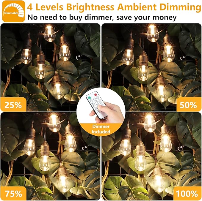 Mlambert 96Ft(2x48ft) 3-Color in 1 48Ft LED Dimmable Outdoor String Lights with Remote, Plug-in 2700K/4000K/5000K Waterproof Lights for Patio Cafe