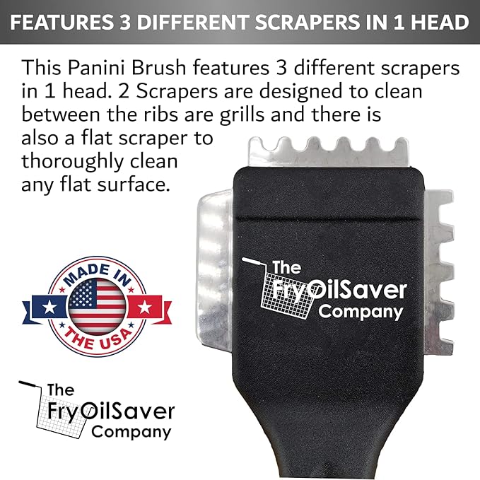 Panini Grill Brush Cleaner, Grill Brush for Commercial or Home BBQ Grills, Panini Press, Stainless Steel Bristles w/ 3 Different Scraper Heads for Tough Grimes for Restaurants by FryOilSaver Co. 90052