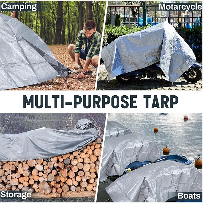 12 Pack 6 x 8 ft 5.5 Mil Large Tarps Heavy Duty Waterproof Tarp Multi Purpose Tent Cover for Home Boats Cars Camping Patio Furniture Roof Emergency Rain Protective Cover, Silver