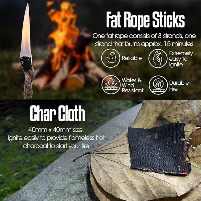 Ultimate Flint Fire Starter Kit with Pouch — Weatherproof Emergency Survival Kit Incl Camping Fire Saw, Magnesium Fire Starter, Fat Rope, Char Cloth, Rope Lighter, & Sticks for Outdoors