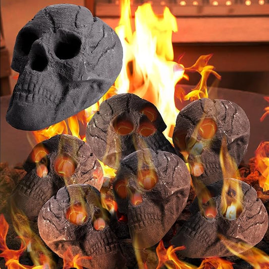 6 Pack Fire Pit Skulls 8.7 Inch Halloween Imitated Human Ceramic Firepit Head Fireproof Skulls Bonfire Accessories Fake Logs Halloween Decor for Gas Campfire Fireplace Wood Fires (Black)