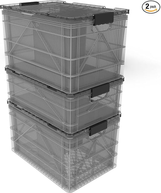 SIDIO CRATE Starter Pack - Two Full Size and One Half Size SidioCrate, Stackable Outdoor Organizer Storage Bins with Clear Lid and Dividers - Clear